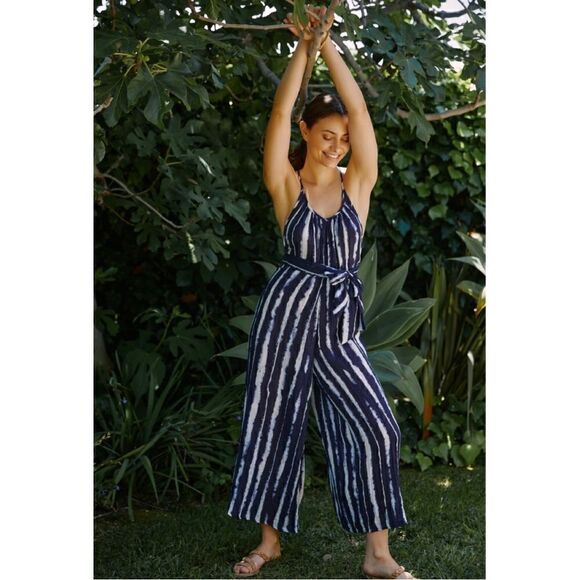 NEW Anthropologie Mason Tie-Front Navy Stripe Jumpsuit Small Medium RUNS LARGE - Picture 1 of 4